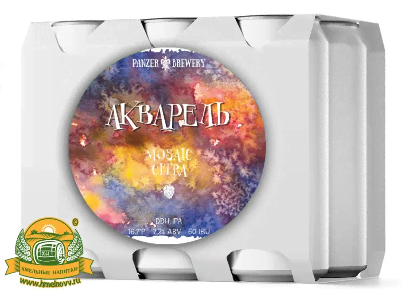 Пиво Акварель IPA с двойным сухим охмелением Mosaic/Citra. Упаковка 12 шт. × 0.33 л. Россия (Panzer Brewery)